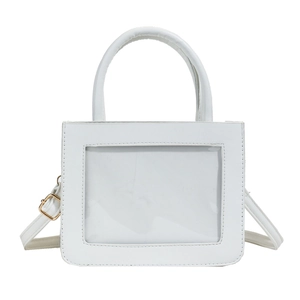 Fashionable white PU leather handbag with clear front window and adjustable shoulder strap