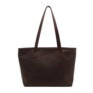 Dark brown embossed woven leather tote bag for women with minimalist shoulder straps
