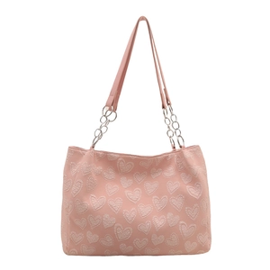 Pink heart patterned tote bag with stylish silver metal chain shoulder strap for women