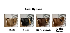 Detail view of large leather tote bags in khaki black and brown with floral scarf decor