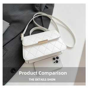 Quilted white crossbody bag size comparison with a smartphone on gray fabric