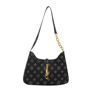 Elegant black leather hobo bag with star monogram print and golden metal buckle clasp