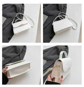 Detailed four-way view showing white quilted texture and metal buckle of the square bag