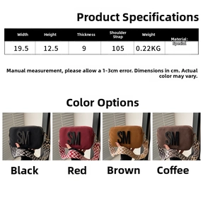 Detailed size specifications for small crossbody camera bag with wide jacquard shoulder strap