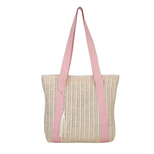Grande borsa tote intrecciata bianco crema con tracolle rosa per le vacanze estive