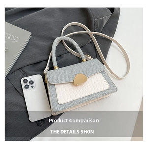 Details der grau gewebten Handtasche mit weißem Krokodilmuster und goldenem Schloss