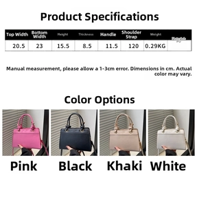 Size chart showing dimensions and colors for the PU leather crossbody handbag