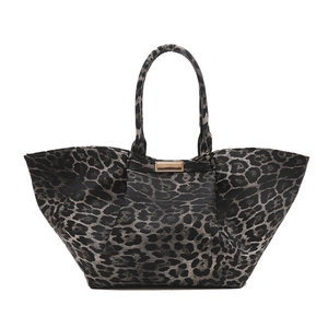 Large capacity tote bag featuring leopard print canvas with a sleek gold metal buckle