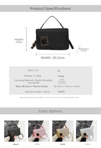 Detailed size chart for glitter crossbody bag with four color options and dimensions