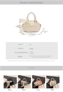 Detailed size specifications and material chart for the small PU leather handbag with bow