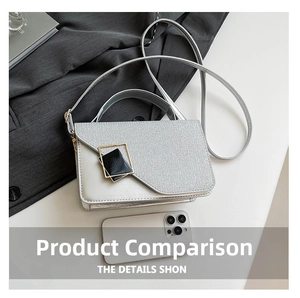 Mini silver crossbody bag with glitter texture and gold-tone geometric buckle detail