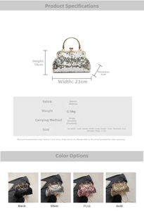 Size chart and dimensions for sequined shell evening bag with metal chain strap