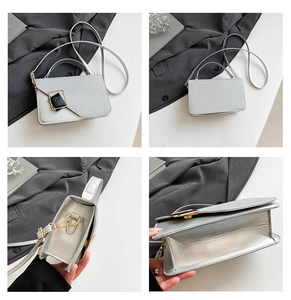 Detail showing the silver sequined small square bag from front, back, side and bottom views
