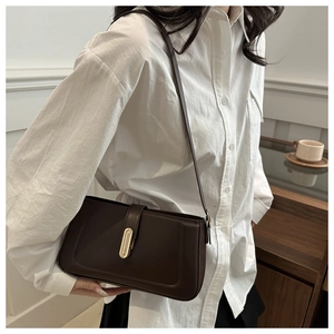 Detail of a dark brown rectangular shoulder bag with elegant gold metal clasp closure