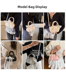 Multiple views showing various ways to wear the lace bow shell bag on shoulder and crossbody