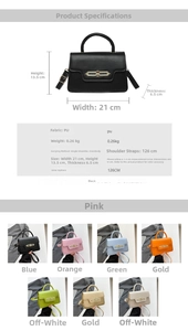 Detailed chart showing PU leather handbag specs and seven color options for crossbody bag