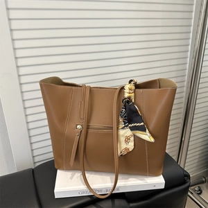 Brown leather large tote bag for women with decorative silk scarf and front zipper pocket