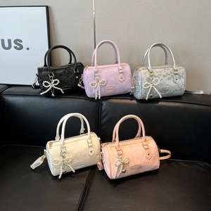 Women Embossed PU Leather Boston Bag Snake Skin Texture Shoulder Crossbody Handbag With Artificial Pearl Bow Charm Chic Street Style