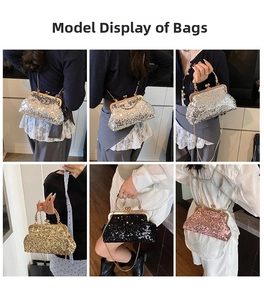 Detailed view of sequin evening clutch bags in four colors with chain straps and ball locks