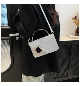 Close-up of a silver glitter crossbody bag with an elegant black and gold buckle