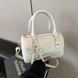 Women Vintage Snake Pattern PU Leather Boston Pillow Bag Handheld Shoulder Crossbody Bag With Pearl Bow Charm For Daily Work Party