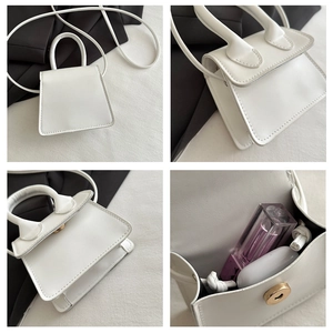 Detailed views of mini white leather crossbody bag showing magnetic flap and interior capacity