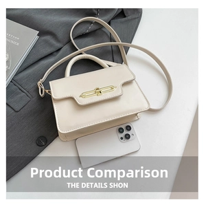 Detail of cream-colored shoulder bag with gold chain lock and smartphone for size reference