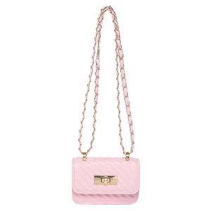Pink quilted mini crossbody bag with gold twist lock and chain strap for women