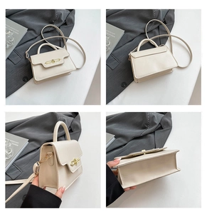 Detailed views of crossbody bag showing hardware, strap, and textured faux leather finish