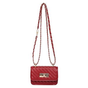Bright red quilted mini crossbody bag with gold chain strap and turn-lock closure