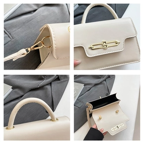 Detailed views of beige leather handbag with gold metal clasp and detachable strap