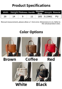 Detailed size chart and five color variants of the vintage box bag with gold bow