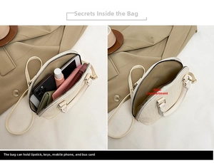 Detail view of cream textured seashell bag showing interior space for phone and makeup
