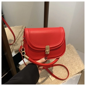 Close-up of red saddle bag featuring gold-tone metal clasp and leather stitching details