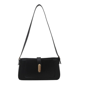 Minimalist black rectangular shoulder bag with vintage gold oval buckle and leather strap