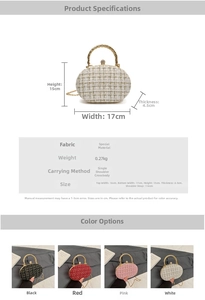 Detailed size specifications of textured mini evening clutch with metal handle and chain