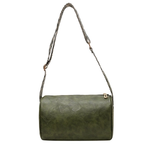 Sac bandoulière cylindrique vert foncé en similicuir vintage avec sangle tissée