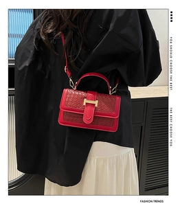 Close-up of red woven leather handbag with gold H-clasp and adjustable shoulder strap