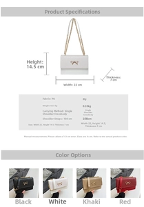 Size guide for bow crossbody bag with dimensions, weight, and strap length details