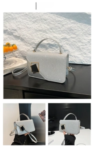 Detail showing the shiny silver sequins and metallic buckle on a stylish mini square bag