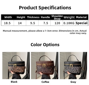 Size chart showing leopard print bucket bag dimensions and black, brown, gray color options