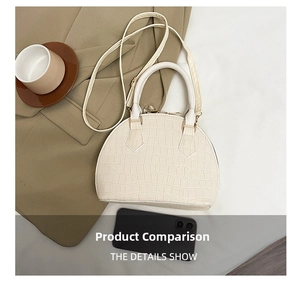 Close-up of white crocodile pattern texture and handle on minimalist shell bag