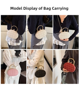 Multiple views showing the tweed evening bag in beige, pink, black, and wine red colors
