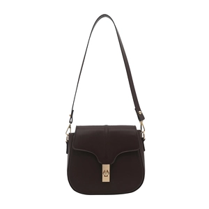 Minimalist dark brown saddle bag with golden clasp and adjustable shoulder strap