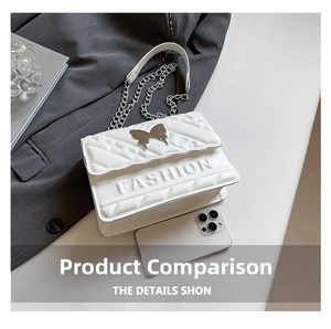 Detailed view of white quilted bag with silver butterfly buckle and FASHION engraving