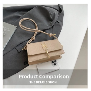 Close-up of beige crocodile pattern handbag with gold logo and tassel detailing