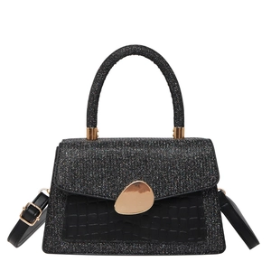 Retro black glitter handbag with crocodile pattern leather and golden buckle