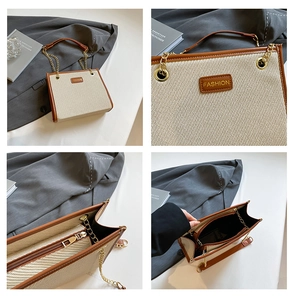 Détails du sac fourre-tout tissé avec bordure en cuir, étiquette mode et chaîne dorée