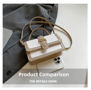 Detail view of woven leather flap handbag next to a smartphone for size reference