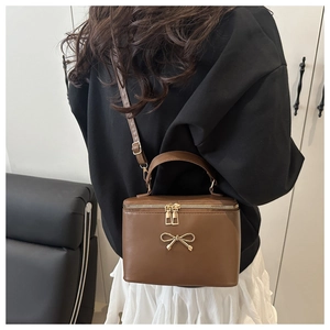 Brown box-shaped crossbody bag featuring a gold metal bow and dual zipper closures